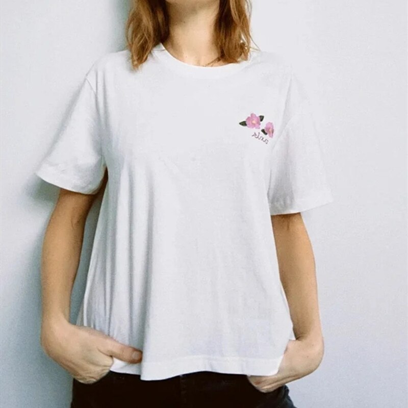 Floral Letters Embroidery Women White T Shirt